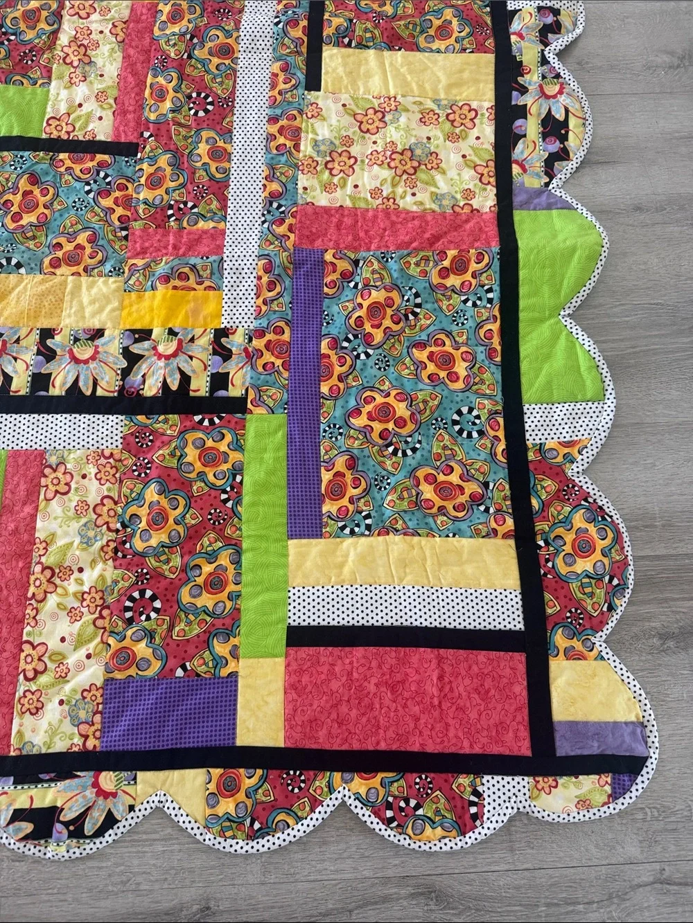 Handmade Patchwork Floral Quilt Size 43x52 inches Bright Colorful Polka Dots